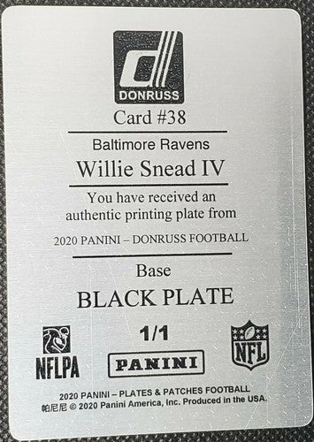 WILLIE SNEAD IV 2020 Panini Donruss PRINTING PLATE #1/1 Ravens Panthers Patches