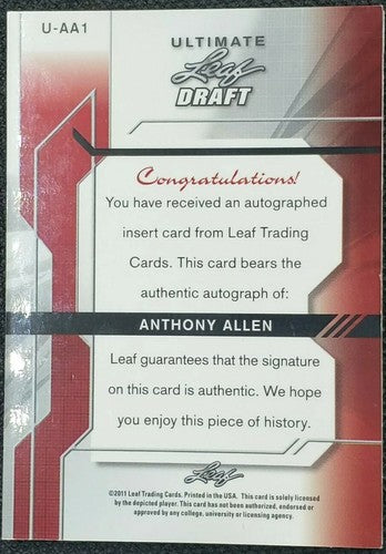 ANTHONY ALLEN 2011 Leaf Ultimate Draft Metal GOLD Super Prismatic RC AUTO SP 1/1