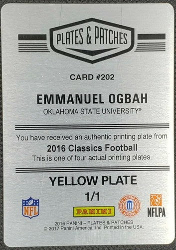 EMMANUEL OGBAH 2016 Panini Classics RC PRINTING PLATE SP #1/1 OSU Browns Patches