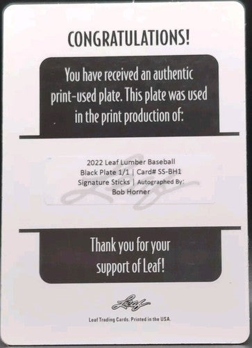 BOB HORNER 2022 Leaf Lumber Signature Sticks AUTO PRINTING PLATE SP #1/1 Braves
