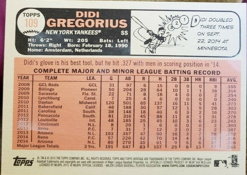 DIDI GREGORIUS 2015 Topps Heritage Bubble Gum Stain Back Variation SP NYY #109