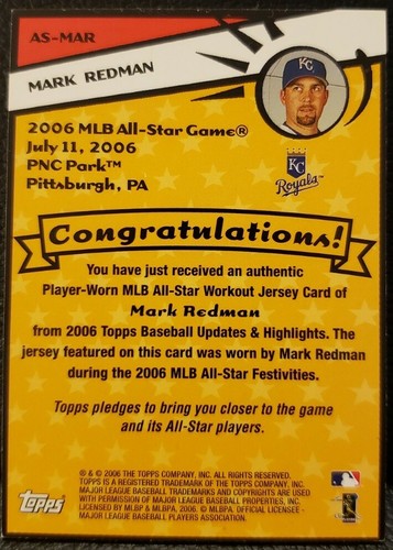 MARK REDMAN 2006 Topps Update Highlights All-Star Game Stitches Jersey SP Royals