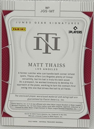 MATT THAISS 2022 Panini National Treasures AUTO JUMBO Jersey PATCH SP /25 Angels