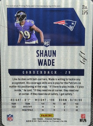 SHAUN WADE 2021 Panini Phoenix RC PRINTING PLATE SP #1/1 Patriots Ravens One of
