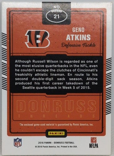 GENO ATKINS 2016 Panini Donruss Game Used Worn Jersey PATCH SP #25/25 Bengals
