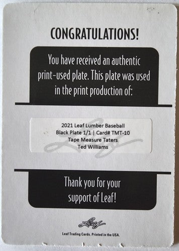 TED WILLIAMS 2021 Leaf Lumber Tape Measure Taters PRINTING PLATE SP #1/1 Red Sox