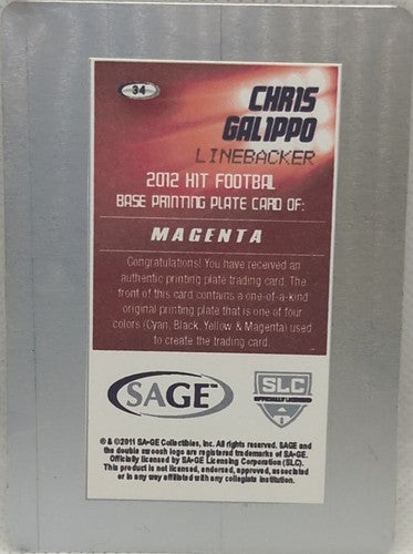 CHRIS GALIPPO 2012 SAGE Hit RC PRINTING PLATE SP 1/1 Colts USC #34 One of a Kind