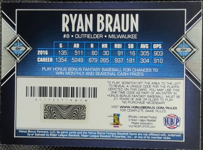 RYAN BRAUN 2017 Honus Bonus Fantasy Game Career Milestone SP #1/1 Brewers One of
