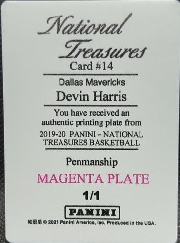 DEVIN HARRIS 2019-20 Panini National Treasures PRINTING PLATE SP 1/1 Mavs One of