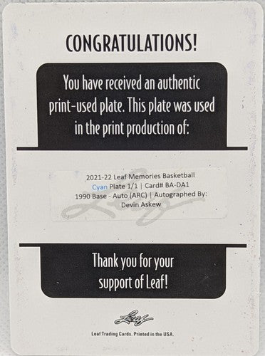 DEVIN ASKEW 2021-22 Leaf Memories 1990 RC AUTO PRINTING PLATE SP #1/1 Cal Texas