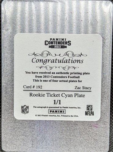 ZAC STACY 2013 Panini Contenders RC DUAL AUTO PRINTING PLATE SP #1/1 Rams One of