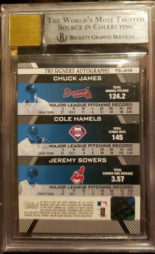 Cole HAMELS Chuck JAMES Jeremy SOWERS 2007 Topps Co-Signers TRIPLE AUTO GRADED 9