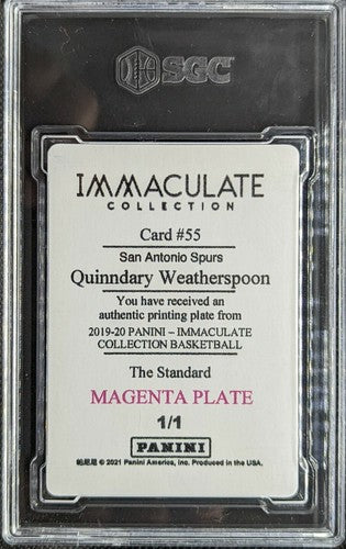 QUINNDARY WEATHERSPOON 2019-20 Immaculate PRINTING PLATE #1/1 SGC Graded Spurs