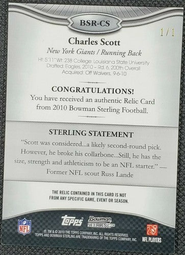 CHARLES SCOTT 2010 Bowman Sterling RC Jersey PATCH PRINTING PLATE SP #1/1 Giants