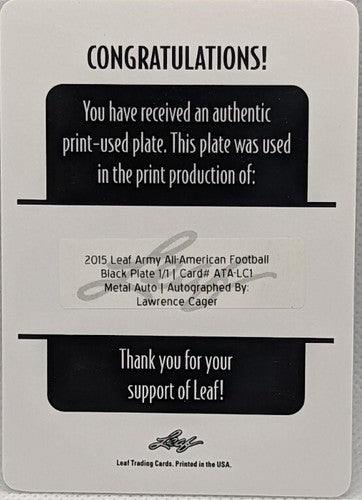 LAWRENCE CAGER 2015 Leaf Army All-American AUTO PRINTING PLATE #1/1 Jets Giants