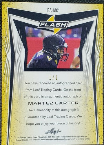 MARTEZ CARTER 2018 Leaf Flash Gold Disco Refractor Rookie RC AUTO 1/1 Washington