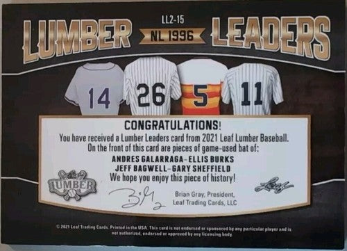Jeff BAGWELL Gary SHEFFIELD BURKS GALARRAGA 2021 Leaf Lumber QUAD BAT PATCH 1/30
