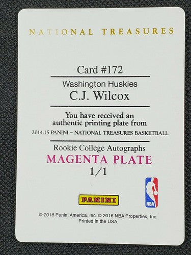 C.J. WILCOX 2014-15 Panini National Treasures RC PRINTING PLATE #1/1 CJ Clippers