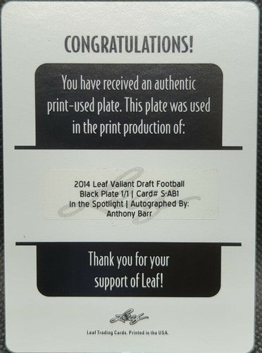 ANTHONY BARR 2014 Leaf Valiant Draft RC AUTO PRINTING PLATE #1/1 Vikings One of