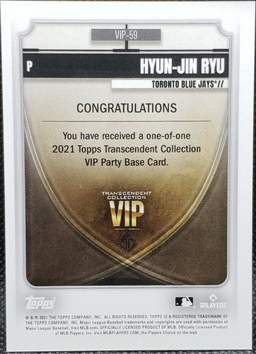 HYUN-JIN RYU 2021 Topps Transcendent VIP PARTY Red Yellow Parallel 1/1 Blue Jays