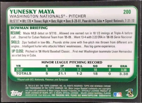 YUNESKY MAYA 2011 Bowman Chrome Draft Picks Prospect RC AUTO SP Nationals #200