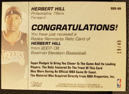 HERBERT HILL 2007-08 Bowman Elevation Remnants Jersey Relic SP #/49 76ers Sixers