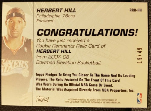 HERBERT HILL 2007-08 Bowman Elevation Remnants Jersey Relic SP #/49 76ers Sixers