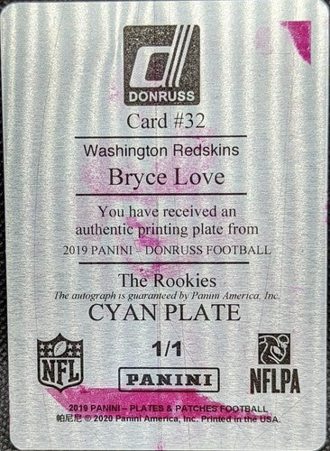 BRYCE LOVE 2019 Panini Donruss RC AUTO PRINTING PLATE SP #1/1 Washington One of