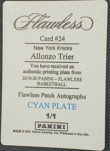 ALLONZO TRIER 2019-20 Panini Flawless Patch Auto PRINTING PLATE SP 1/1 of Knicks