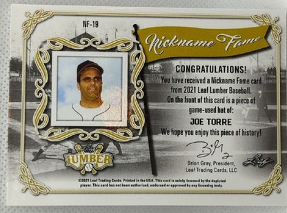 JOE TORRE 2021 Leaf Lumber Nickname GAME USED BAT PATCH SP #/9 Yankees Cardinals