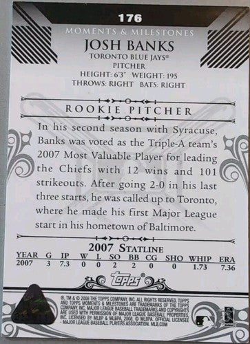 JOSH BANKS 2008 Topps Moments & Milestones RC RED SP #1/1 Blue Jays Padres #176