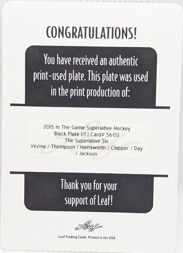 Georges VEZINA Tiny THOMPSON George HAINSWORTH DAY 2015 HoF PRINTING PLATE #1/1