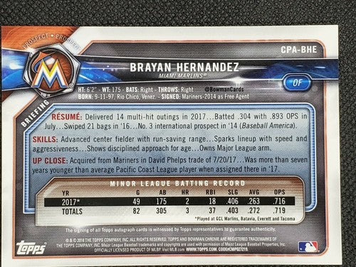 BRAYAN HERNANDEZ 2018 Topps Bowman Chrome Prospect 1st Rookie RC AUTO Marlins SP