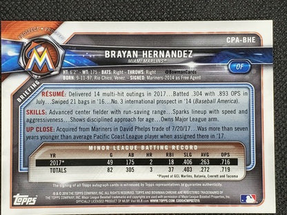 BRAYAN HERNANDEZ 2018 Topps Bowman Chrome Prospect 1st Rookie RC AUTO Marlins SP