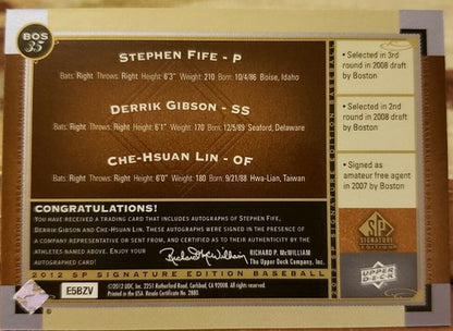 Stephen FIFE Derrik GIBSON LIN 2012 SP Signature Red Sox TRIPLE AUTO Autograph