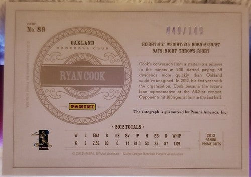 RYAN COOK 2012 Panini Prime Cuts Rated Rookie AUTO SP /149 Oakland A's Athletics