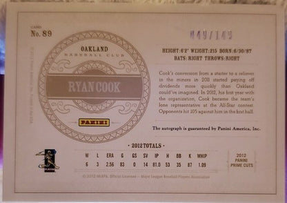 RYAN COOK 2012 Panini Prime Cuts Rated Rookie AUTO SP /149 Oakland A's Athletics