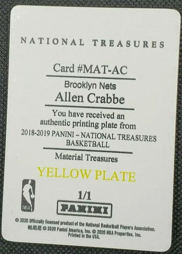 ALLEN CRABBE 2018-19 Panini National Treasures Material PRINTING PLATE #1/1 Nets