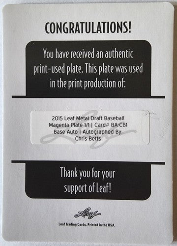 CHRIS BETTS 2015 Leaf Metal Draft RC AUTO PRINTING PLATE SP #1/1 Rays Dodgers of