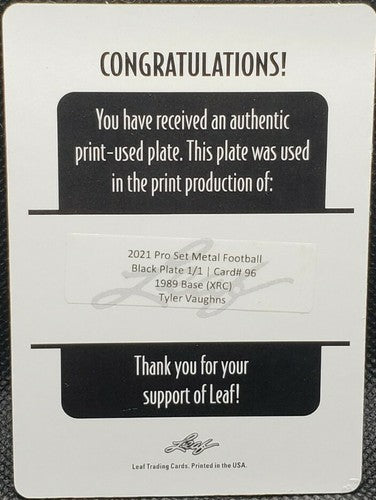 TYLER VAUGHNS 2021 Leaf Pro Set Metal 1989 RC PRINTING PLATE 1/1 Steelers One of