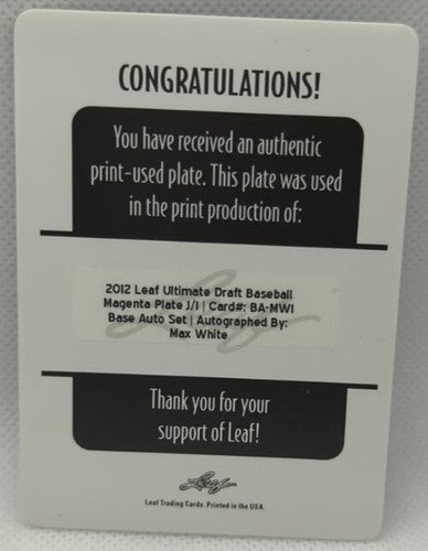 MAX WHITE 2012 Leaf Ultimate Draft RC AUTO PRINTING PLATE SP #1/1 Rockies One of