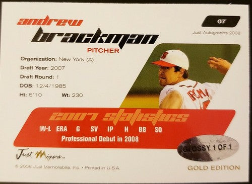 ANDREW BRACKMAN 2008 Just Minors Gold Edition Glossy Rookie SP #1/1 of 1 Yankees