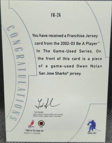 OWEN NOLAN 2002-03 In the Game ITG Used Worn Jersey PATCH 1/1 Sharks Wild Flames