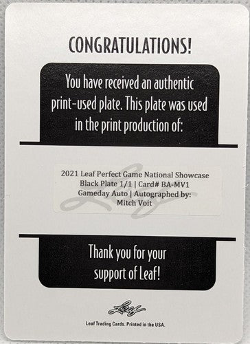 MITCH VOIT 2021 Leaf Perfect Game National Showcase AUTO PRINTING PLATE SP #1/1