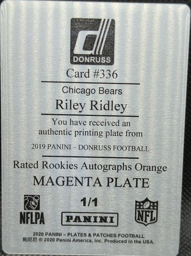 RILEY RIDLEY 2019 Panini Donruss Rated RC PRINTING PLATE SP #1/1 Bears One of