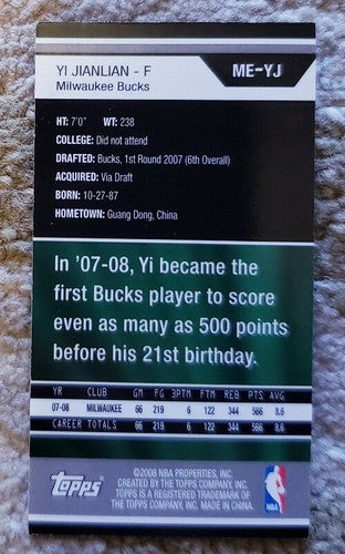 YI JIANLIAN 2008-09 Topps NBA Rip Card Mini Exclusives SP Milwaukee Bucks China