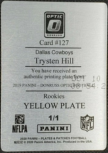TRYSTEN HILL 2019 Panini Donruss Optic Rookies RC PRINTING PLATE SP #1/1 Cowboys