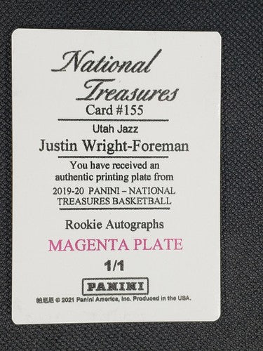 JUSTIN WRIGHT-FOREMAN 2019-20 National Treasures RC PRINTING PLATE SP 1/1 One of