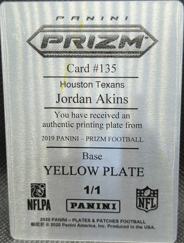 JORDAN AKINS 2019 Panini Prizm Yellow PRINTING PLATE SP 1/1 Texans Giants One of