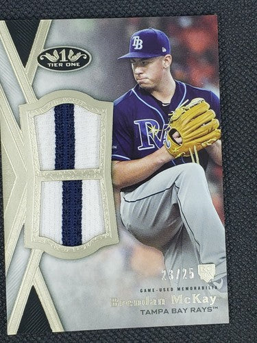 BRENDAN McKAY 2020 Topps Tier One RC DUAL Game Used Worn Jersey PATCH #/25 Rays